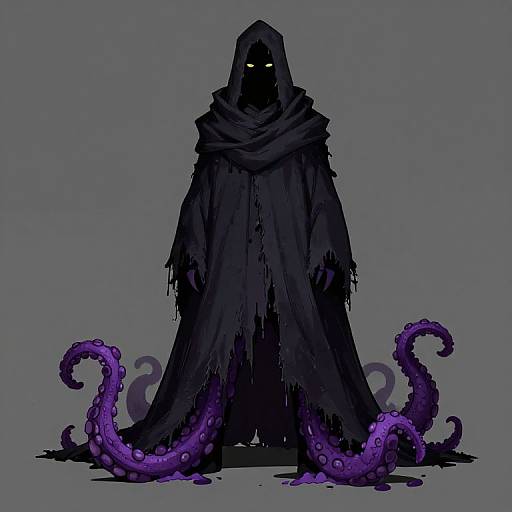 Mysterious dark hooded figure with glowing yellow eyes, draped in tattered black cloak, standing on purple tentacles, digital art.
