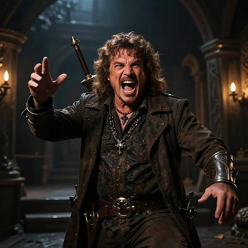 Photograph of a fierce, curly-haired man with a cross necklace, black leather coat, and sword, yelling with an outstretched hand in a