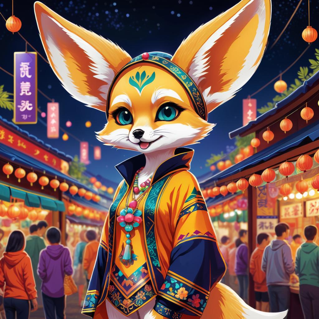 Festive Fennec Fox in Vibrant Night Market