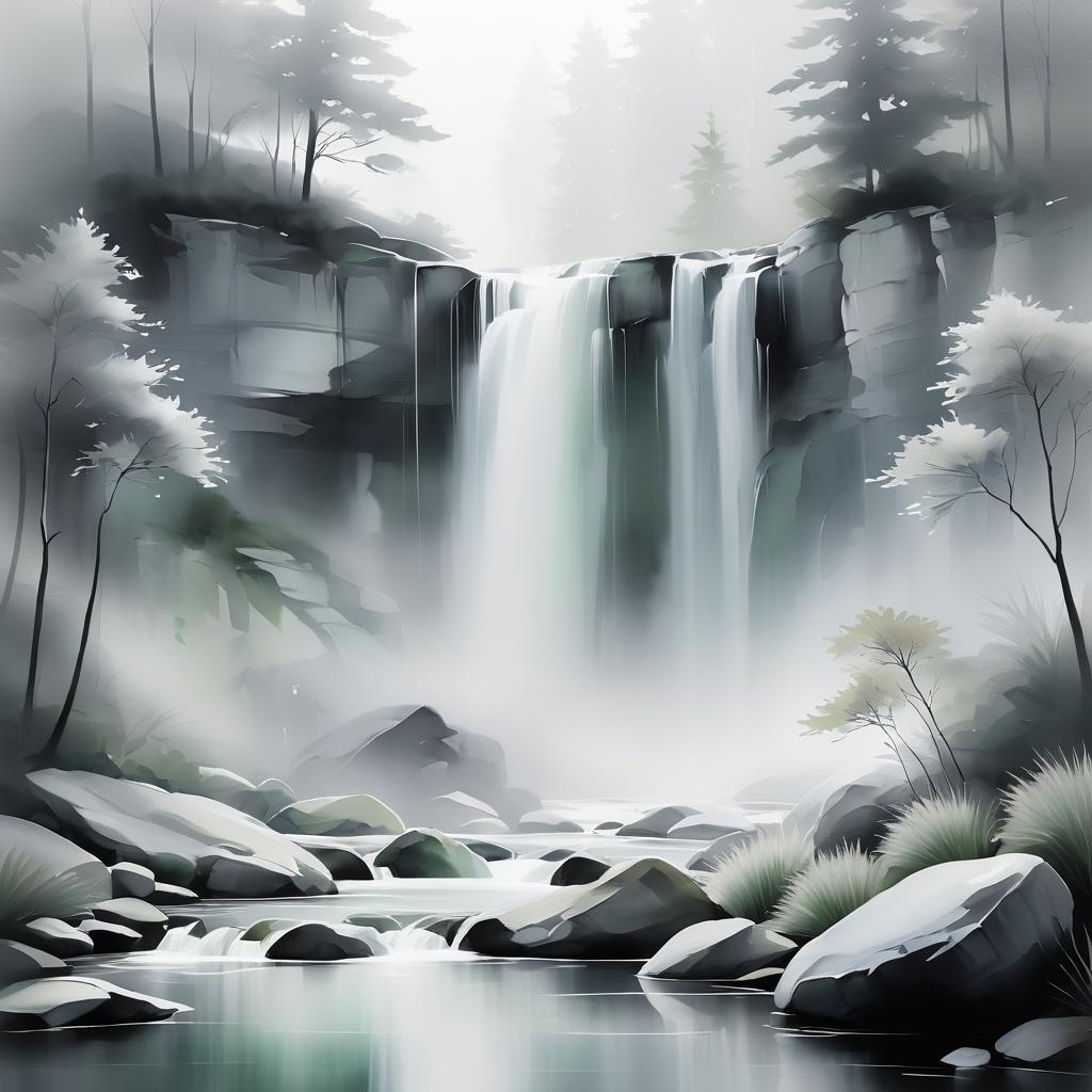 Serene Waterfall in Ethereal Fog