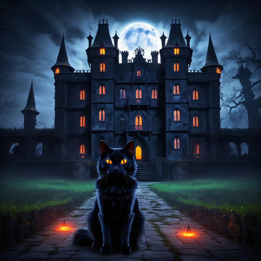 Eerie Halloween Cat by Abandoned Castle