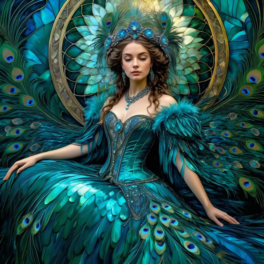 Teal Peacock Elegance: Art Nouveau Lady