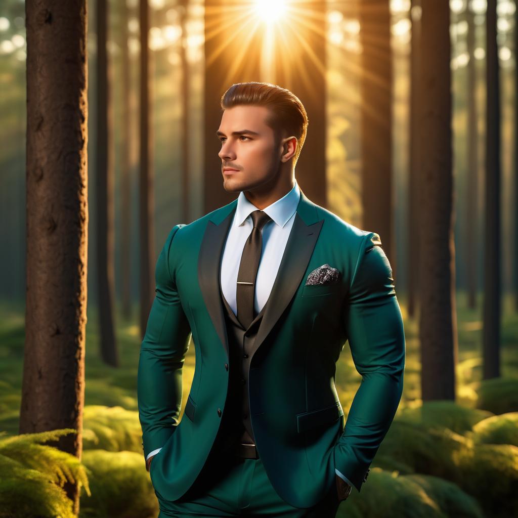 Muscular Man in a Forest at Sunset