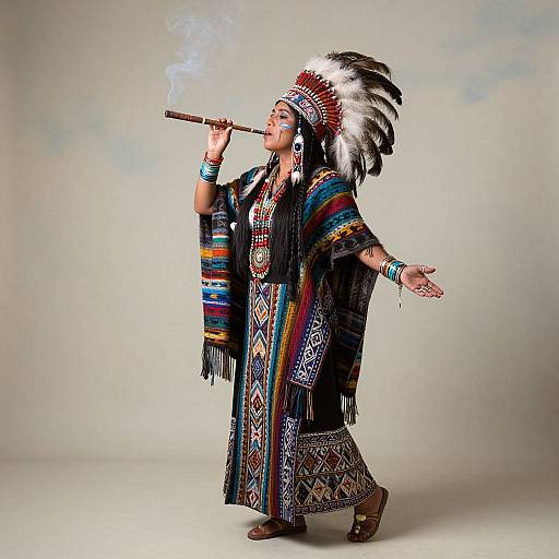 Photograph of a Native American woman in traditional attire, smoking a pipe, wearing a colorful feathered headdress, patterned dress, and beaded
