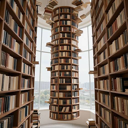 Photograph of a modern library with a central, spiral wooden bookshelf filled with books, flanked by tall, narrow bookcases, and large,