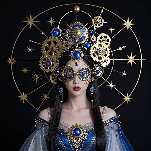 Photograph of an ethereal woman with long black hair, wearing a blue and gold steampunk-inspired dress, adorned with blue gemstones and gold
