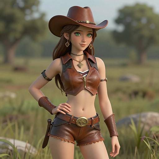 Photorealistic Green-Eyed Cowgirl Outdoor Portrait