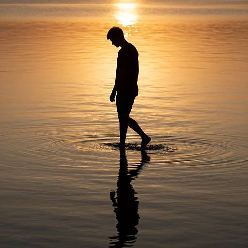 Silhouetted person walking in shallow water at sunset, creating ripples, with the sun reflecting on the calm, golden-orange water surface.