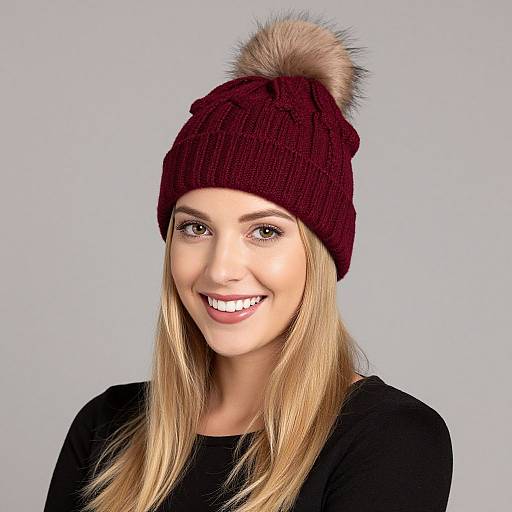 Photograph of a smiling blonde woman with fair skin, wearing a maroon knit beanie with a fluffy beige pom-pom, and a black top