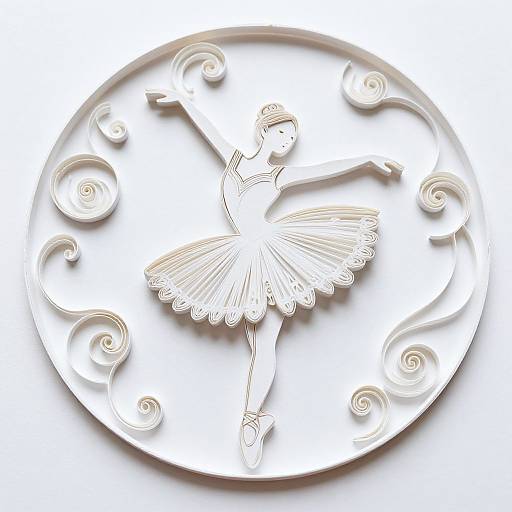 Digital illustration of a ballet dancer in a tutu, arms raised, surrounded by swirling patterns, on a circular white background.