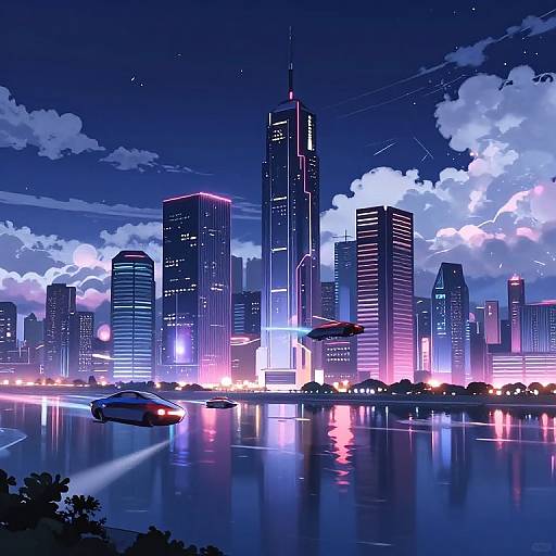 Digital artwork of a neon-lit, futuristic city skyline at night, with glowing skyscrapers reflected in a calm river, and a red car driving