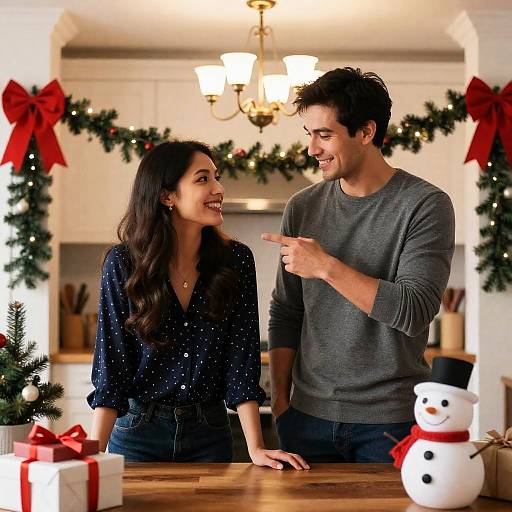Couple Enjoying Christmas in Decorated Kitchen