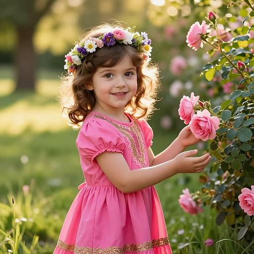Photograph of a young girl with curly brown hair, wearing a pink dress and floral crown, smiling while picking roses in a sunlit garden.