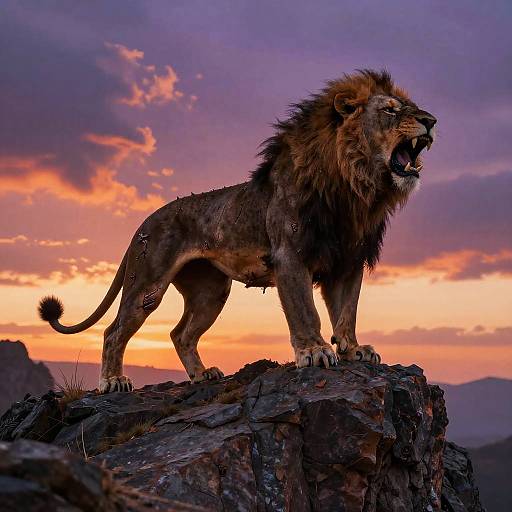 Photograph of a roaring male lion with a dark mane standing on a rocky cliff at sunset, with vibrant purple, orange, and pink clouds in the