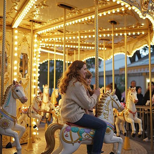 Photograph of a curly-haired woman in a beige sweater laughing on a brightly lit, ornate carousel horse, surrounded by glowing lights and other carousel riders