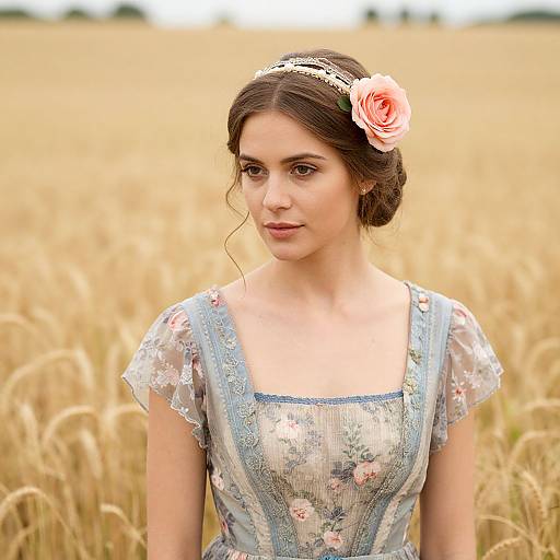 Photograph of a young woman with fair skin, brown hair in a bun, wearing a floral lace dress, pink rose hairpiece, and delicate head