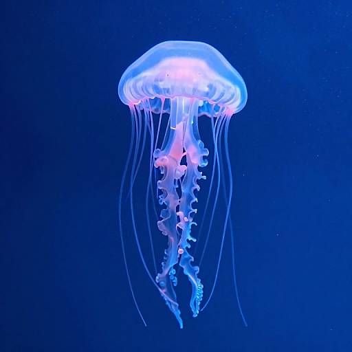 Photograph of a glowing, translucent jellyfish with delicate, flowing tentacles against a deep blue background, highlighting its ethereal, bioluminescent