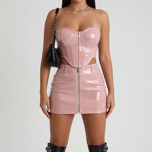 Photograph of a woman in a pink, shiny vinyl corset and mini skirt, with a black leather shoulder bag and knee-high black boots, against