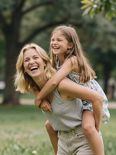 Mother and Daughter Playful Piggyback in Park