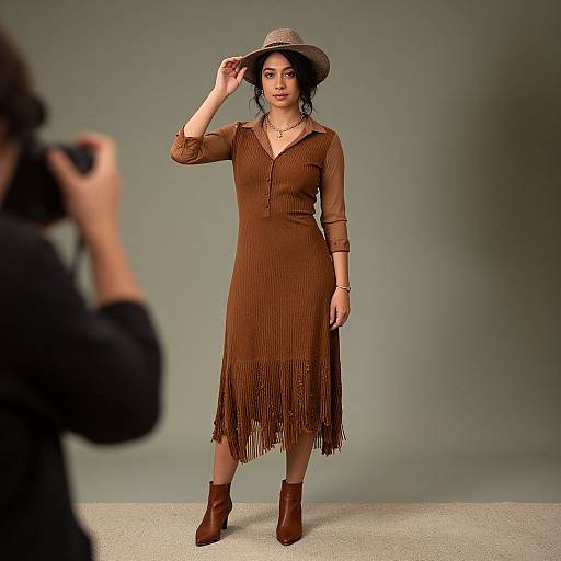 Photograph of a dark-haired woman in a brown fringed dress and hat, standing against a gray background, being photographed by a person in the foreground
