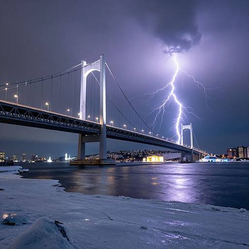Photograph of a lit bridge during a dramatic lightning storm over a frozen river at night, with bright lights reflecting on the icy water.