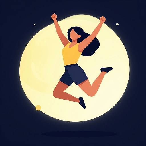 Digital illustration of a joyful woman with dark hair, wearing a yellow top and blue shorts, jumping with arms raised against a large, glowing full moon in