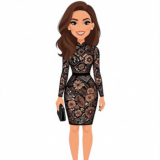 Digital illustration of a smiling woman with long brown hair, wearing a black lace long-sleeve dress, holding a black clutch, standing against a white