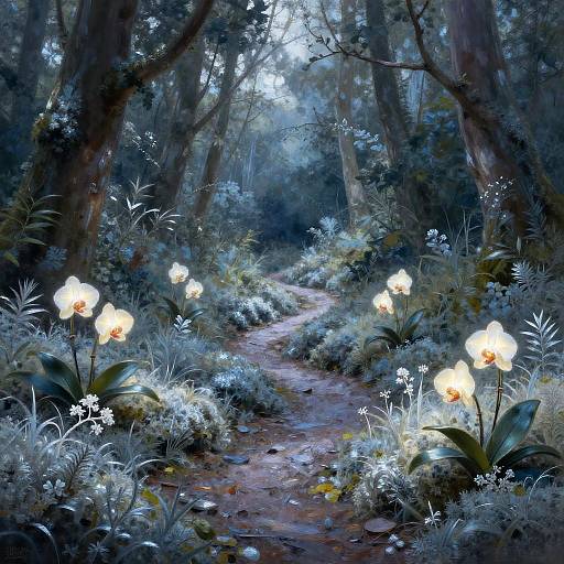 Dreamy Forest Path with Glowing Orchids