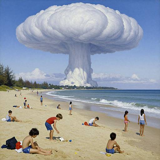 Photograph of a beach with people sunbathing and playing, under a massive, surreal cloud resembling a mushroom cloud. Clear blue sky and ocean in