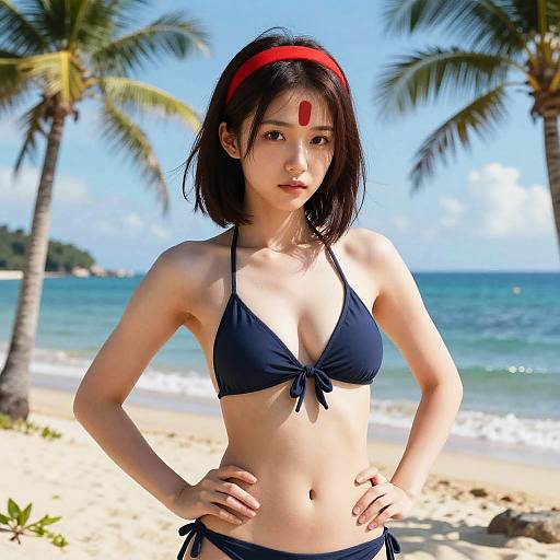 Young Woman in Navy Bikini on Tropical Beach