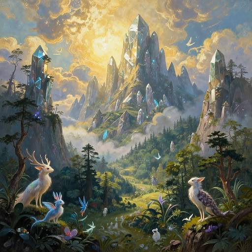 Fantastical digital painting of a magical mountain landscape with glowing crystals, colorful butterflies, and mythical deer-like creatures with antlers, surrounded by lush green