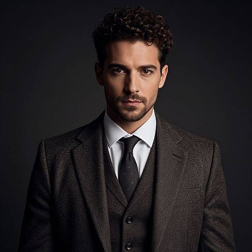 Photograph of a handsome, dark-haired man with curly hair and trimmed beard, wearing a black textured suit, white shirt, and black tie, against