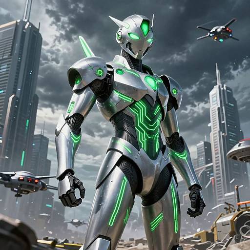 CGI image of a futuristic, silver and green armored robot standing in a ruined, war-torn cityscape with flying drones and skyscrapers.