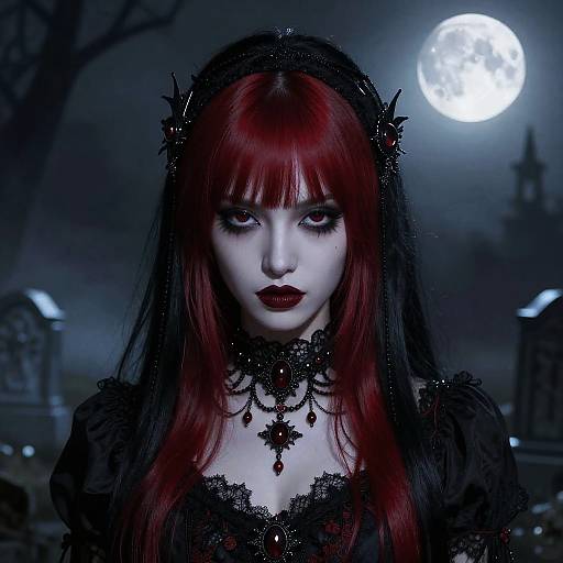 Digital gothic portrait of a pale woman with red and black hair, dark lipstick, lace choker, and veil, under a full moon in a
