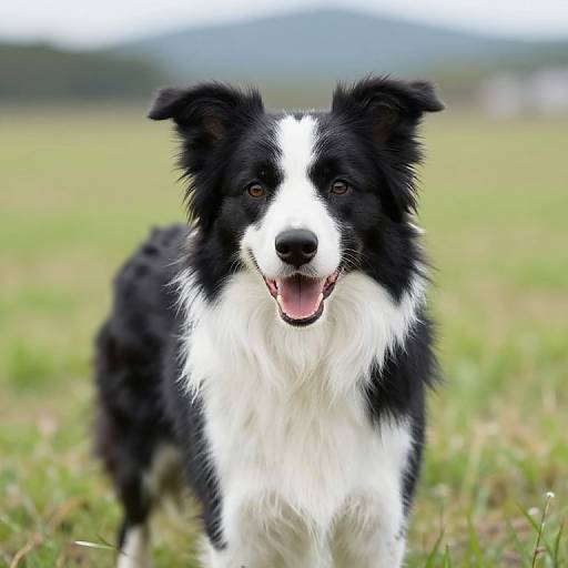 Photograph of a black and white Border Collie with a happy expression, standing in a green, grassy field with blurred mountains in the background.