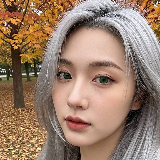 Close-up digital portrait of a young woman with silver hair, green eyes, and fair skin, set against an autumnal background with orange-leaved trees
