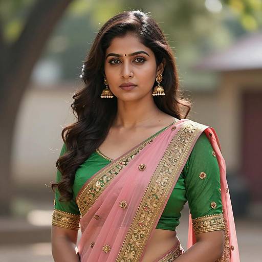 Indian Woman in Traditional Pink and Green Saree