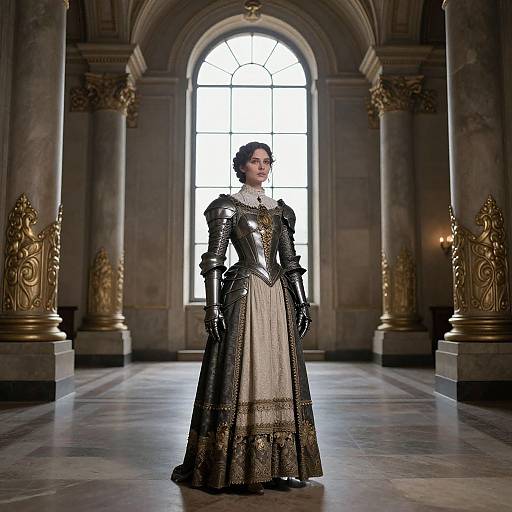 Victorian Woman in Armor Moonlit Hall