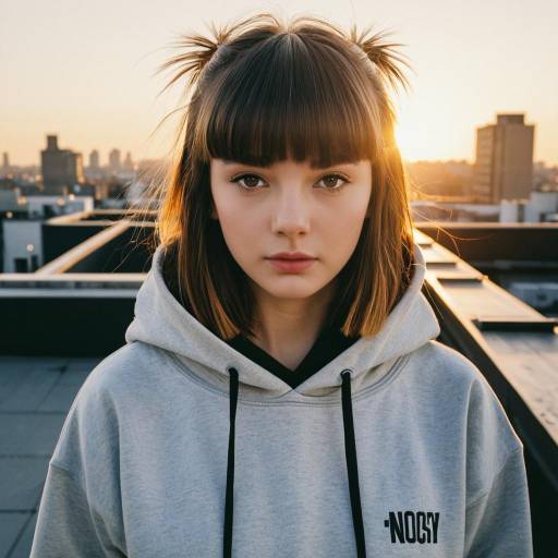 Young woman with micro bangs on urban rooftop