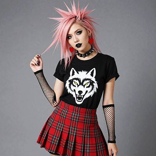 Photograph of a punk-style woman with pink spiky hair, black wolf tee, red plaid skirt, fishnet gloves, choker, and