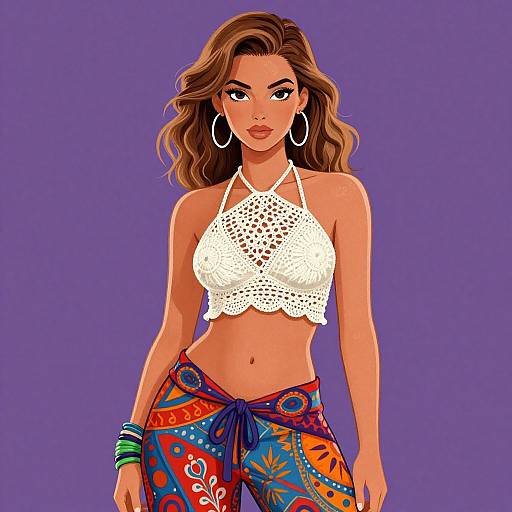 Digital illustration of a tan-skinned, brown-haired woman with hoop earrings, wearing a white crochet halter top and colorful, patterned pants, set