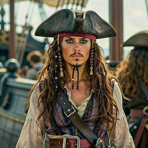 Young Woman Pirate in Tricorn Hat on Ship