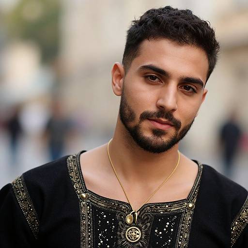 Photograph of a young, dark-haired man with a trimmed beard, wearing a black, embroidered shirt, gold necklace, and pendant, set against a