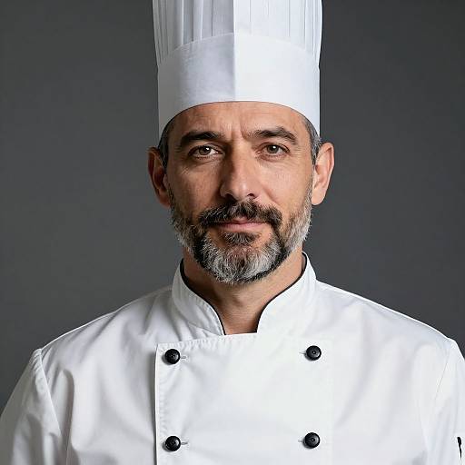 Photograph of a middle-aged, bearded male chef with a white hat and double-breasted white uniform against a dark gray background.