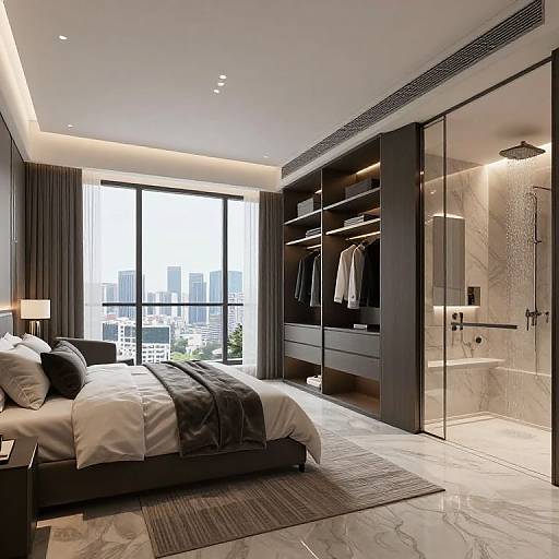 Modern bedroom photograph with a large bed, dark gray bedding, glass-enclosed shower, built-in closet, city view through floor-to-ceiling windows