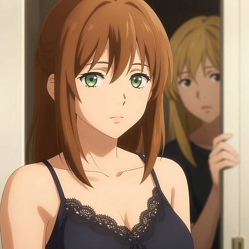 Anime-style digital artwork of a brown-haired girl with green eyes in a black lace-trimmed camisole, surprised, as a blonde girl watches