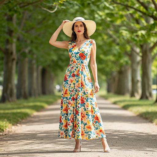 Photograph of a fair-skinned woman with dark brown hair, wearing a white sunhat, floral dress, and sandals, walking on a sunlit