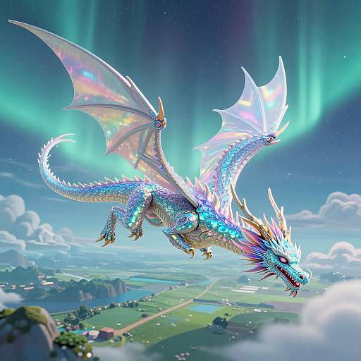 Digital artwork of a radiant, iridescent blue and white dragon soaring through a vibrant aurora borealis-lit sky over a green, cloudy landscape