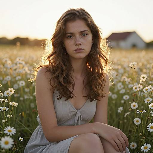 Photograph of a young woman with wavy brown hair, wearing a sleeveless, light grey dress, sitting in a sunlit field of white d