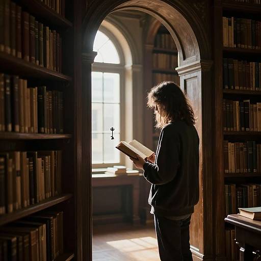 Photograph of a silhouette of a woman with long hair, reading a book, standing in a sunlit library archway between two wooden bookshelves